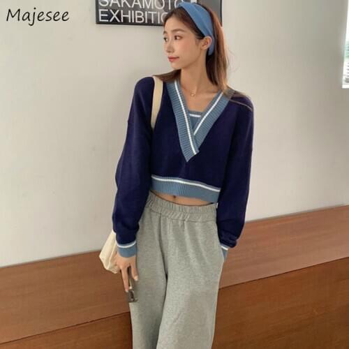 Sweater Womens Loose Trendy Cropped Tops Minimalist Students Korean Style Harajuku Streetwear Casual Tops Pullover Patchwork Ins