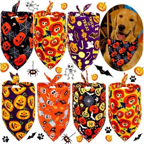 Pet Halloween Pumpkin Bat Spider Ghost Pattern Turban Triangle Bib Washable Cats And Dogs Scarf