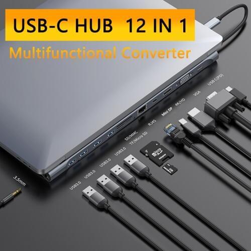 12-In-1 Type C Hub USB C to HDMI VGA Mini DP RJ45 USB 3.0 Ports SD/TF Card Reader USB-C Dock Station for MacBook Pro With PD