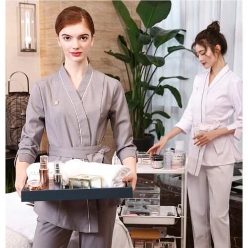 High Quality SPA Work Clothing Womens 2021 Spring Short Sleeve Gray Beautician Overalls Hotel Top and Pants Set Wholesales