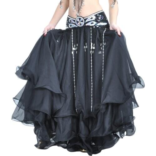 1Pc Three-tier skirt three-tier chiffon curling belly dance high-end skirt belly dance 12 meters large skirt without waist belt