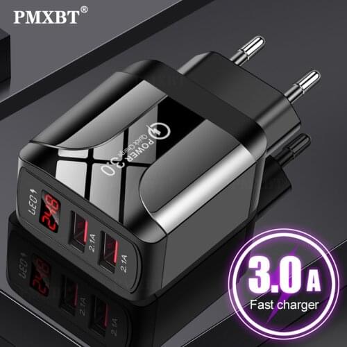 Dual Port USB Charger EU US UK Plug QC 3.0 Quick Charge For iPhone 12 Pro Xiaomi 11 Mobile Phone LED Digital Display USB Charger