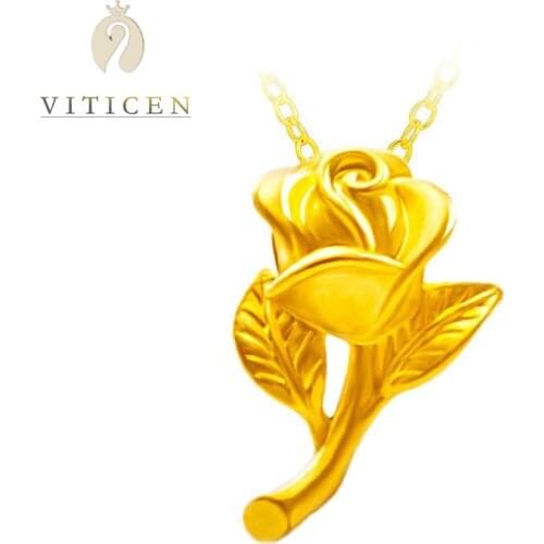 Bijoux Femme 999 Pure Gold Rose Flower Pendant 24k Pure Gold Neck Pendants For Women Fashion Gift For Woman 18K Gold Necklace