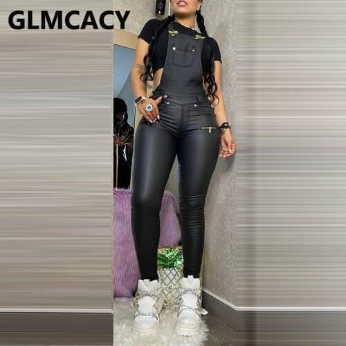 Women Buckled Zipper Design Suspender Jumpsuit Solid Skinny Slim Fit Overall