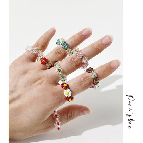 PerisBox Cute Flower Acrylic Beaded Chain Ring For Women Candy Color Transparent Daisy Beads Adjustable Rings Summer Jewelry