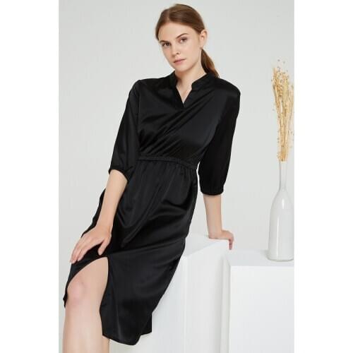 2019 Nature Silk Long Sleeve Shirt Dress Women Casual Summer Beach Dress Elegant Party Dresses