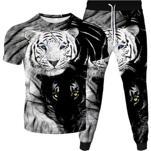 Men Fashion Tracksuit Animal Black White Gossip Tiger Funny 3D Print Women Clothes Suit Male T-Shirt+Trousers 2Pc/Sets Plus Size
