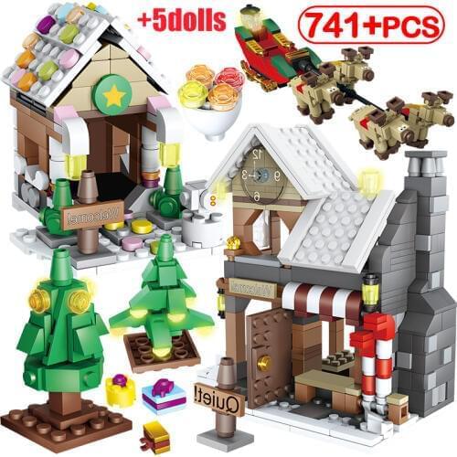 741pcs Creator Santa Claus Winter Village Houes Christmas Tree Snowman Building Blocks City Friends DIY Bricks Toys for Girls