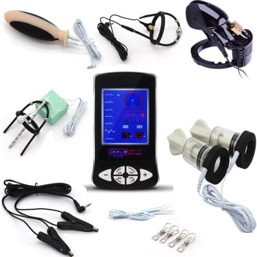 Electric Shock Anal Plug Cock cage Anal Plug Electro Stimulation Nipple Clips Breast Sucker Therapy Massage Sex Toys For Couple