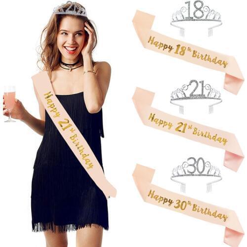 Happy Birthday 18th 30th 40th 50th Rose Gold Satin Sash Crystal Crown Tiara Adult Birthday Party Decoration Anniversary Supplies