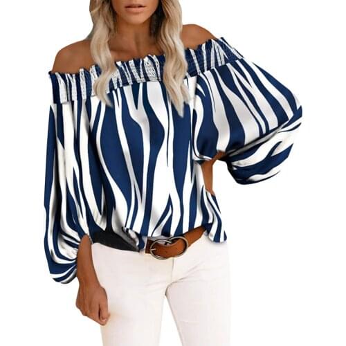 Striped Printed Off-Shoulder Womens Blouses Summer Long Sleeve Fashion Ladies Shirt Blouse Vintage Casual Loose Street Girl Top