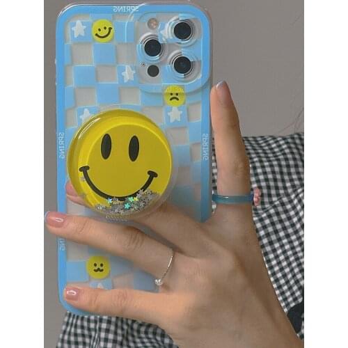 Checkerboard Smiley Star Quicksand Bracket Phone Case For iPhone 12 Plus 12 11 ProMax XR X XS 7 8 Plus Clear Soft Silicone Shell