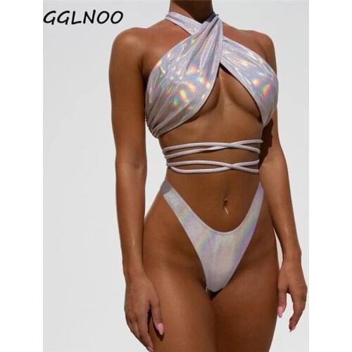 GGLNOO Women Bikini Set Swimsuit Push Up High Waist Two Pieces Bikini Cross Solid Halter Swimwear Swimsuit Beachwear Mujer