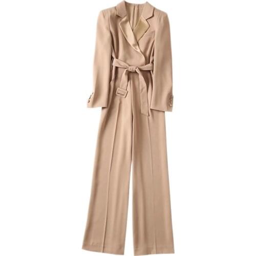 Ladies Office Wear One Piece Romper Black/Khaki Notched Collar Buckle Belt Slit Pockets Wide Leg Pants Long Jumpsuits Overalls