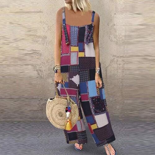 Vintage Women Spaghetti Strap Bodysuit Romper Plaid Print Loose Trousers Cotton Jumpsuit Sexy Pocket Summer Ladies Overalls 2XL