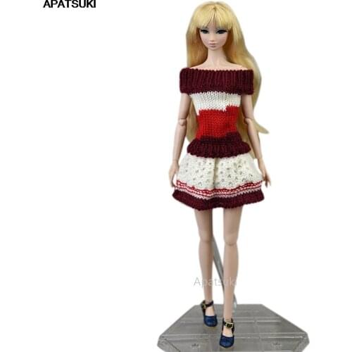 Red Pure Manual Knitted Handmade Sweater Dress For Barbie Doll Clothes Outfits 1/6 Dollhouse Accessories Toys For Children DIY