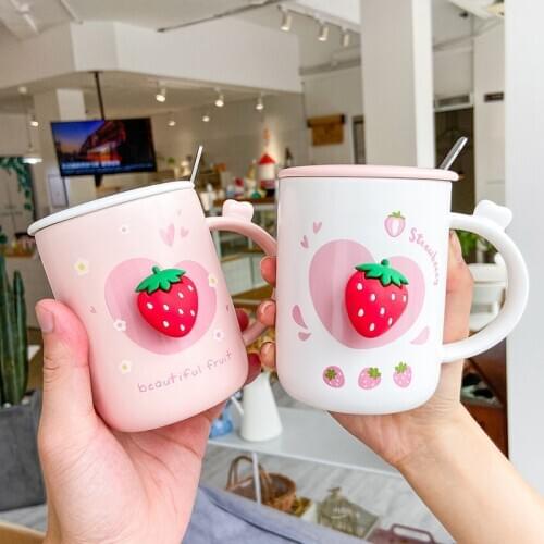 400ml Ins Cute Strawberry Ceramic Mug Coffee Cup With Lid And Spoon Creative Kawaii Home Office For Kids Girl Milk Water Cup