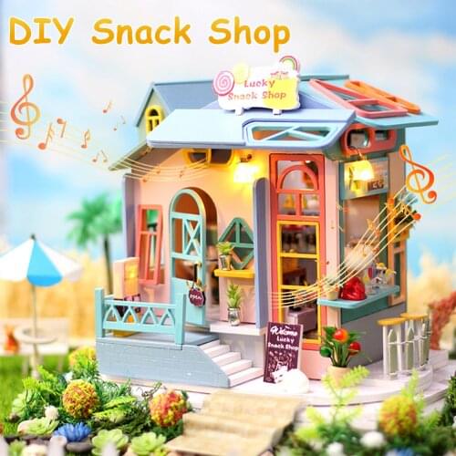 DIY Doll House Snack Shop Miniature Assemble Dollhouse kit with Wooden Furniture with Light and Music Kids Birthday Gift Toys