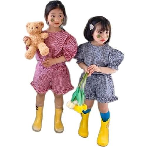 Summer baby girls cute plaid clothes sets cotton puff sleeve T shirt and shorts 2pcs sets 1-6Y