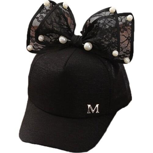 Summer Kids Lace Bowknot Baseball Cap Lovely Big Bow Hat Girls Boy Children Snapback Pearl Mesh Cap Adjustable Soild Visor Hats
