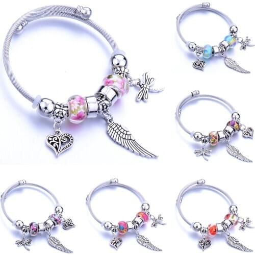 Trendy Elastic metal beading Bracelet Feather dragonfly love Jewelry 6 Colors Chain Bangles Beaded Bracelet Fit Jewelry