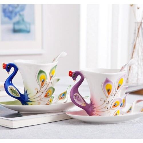 Colorful Hand Crafted Porcelain Enamel Peacock Coffee Cup Set Saucer Spoon Present Ceramic Tea Water Cup Dish