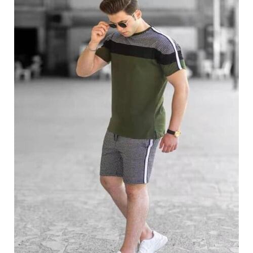 2021 New Mens Casual Trend Stitching Suit Casual Sports Suit Mens Slim Short-sleeved T-shirt Shorts Two-piece Sets Tracksuit