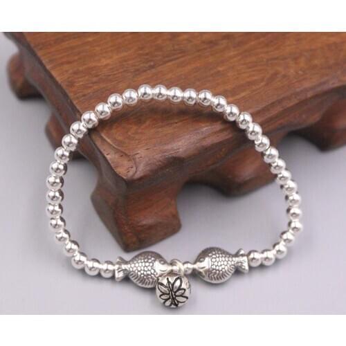 New Pure Solid 925 Sterling Bracelet Two Fish Pisces 4mm Beads Link Chain Bracelet 16-20cm