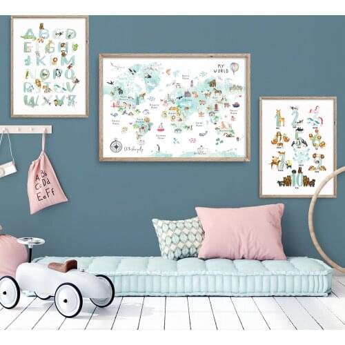 Educational Animal World Map Picture Children Poster Nursery Wall Art Canvas Print Painting ABC Kid Bedroom Playroom Home Decor