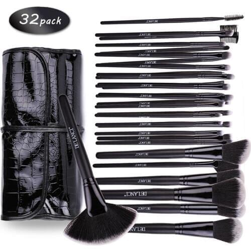 DE'LANCI Professional Makeup Brushes 32 pcs Cosmetic Kit Eyebrow Blush Foundation Powder Make up Brush Set With Black Case