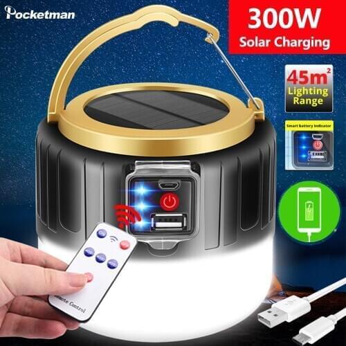 300W Solar Latern USB Charging LED Bulb Remote Control Solar Lamp Waterproof Light Outdoor Camping Light Emergency Light