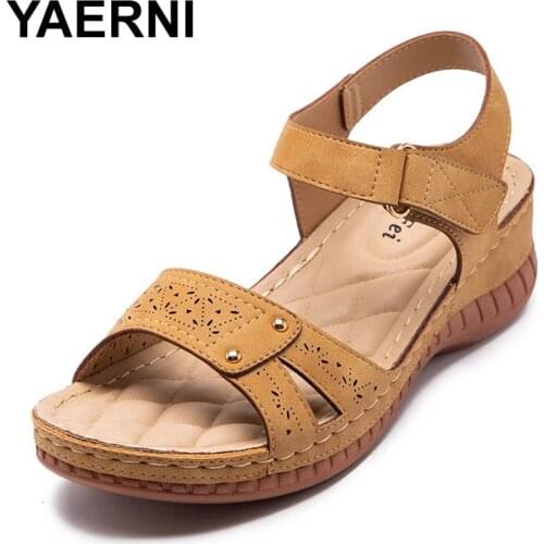 YAERNI Women Velcro Mid Heel Sandals Hollow Out Sewing Wegdes Female Open Toe Platform Fashion High Quality Comfortable Shoes