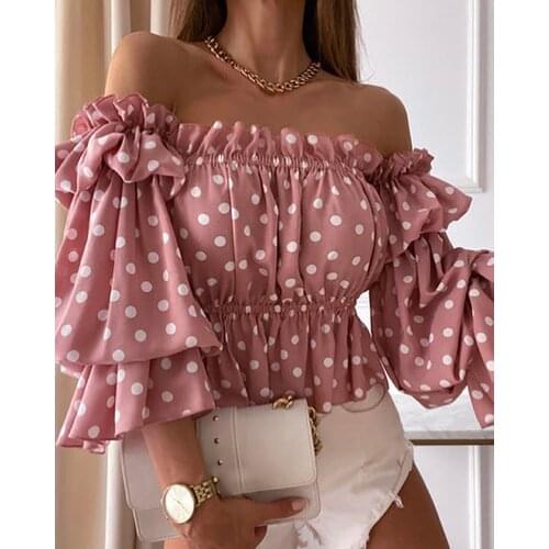 Summer Women Polka Dot Print Off Shoulder Shirred Top 2021 Elegant Femme Puff Sleeve Corset Blouse Lady Outfits y2k Tunics