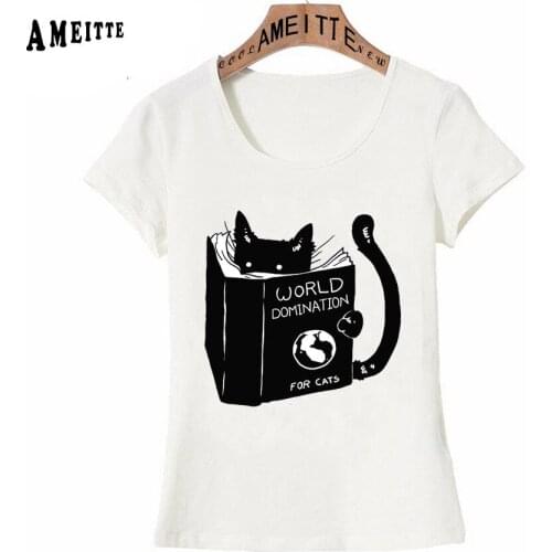 AMEITTE World Domination For Cats Design T-Shirt New Summer Fashion Women T-Shirt Book And Black Cat Print Girl Casual Tops Tees