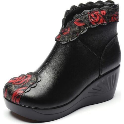 Top Cowhide Spring Autumn Boots Women Ankle Boots Wedge High Heels Printing Leather Boots Winter Snow Shoes Warm Winter Boots