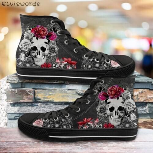ELVISWORDS Rose Floral Sugar Skull Pattern Womens Casual Lace-up Vulcanized Shoe Classic Ladies Sneakers Flats High Top Shoes