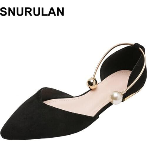 SNURULAN 2020 spring new unique shoes woman pearl ring metal flat hollow heel shoes pointed toe flat shoes