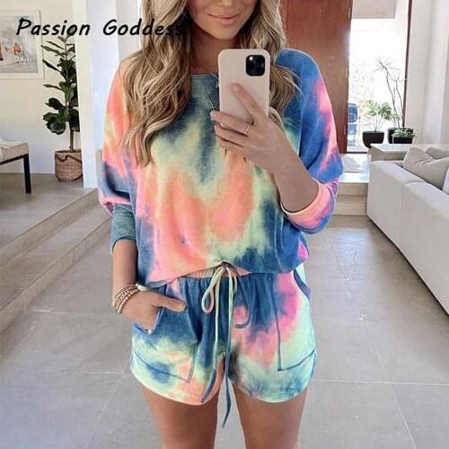 2 Piece Tie-dye Set Women Loose Long Batwing Sleeve T Shirt Drawstring High Waist Shorts Suit Jogger Two Piece Set Plus Size XXL