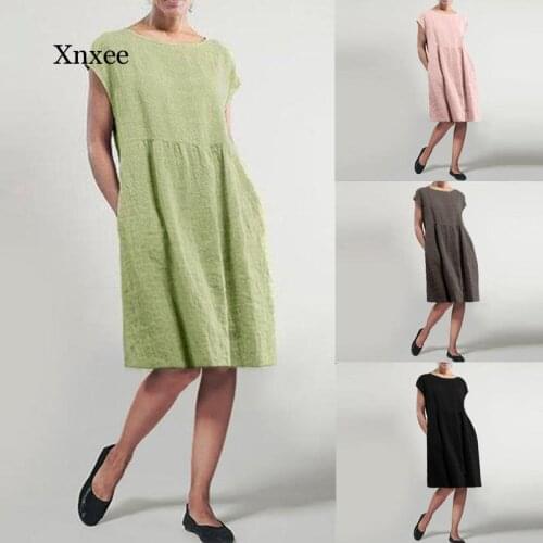 2021 Womens Summer Sundress Casual Linen Dress Elegant Short Sleeve Vestidos Female Pleated Plus Size Robe Woman Dress Clothing