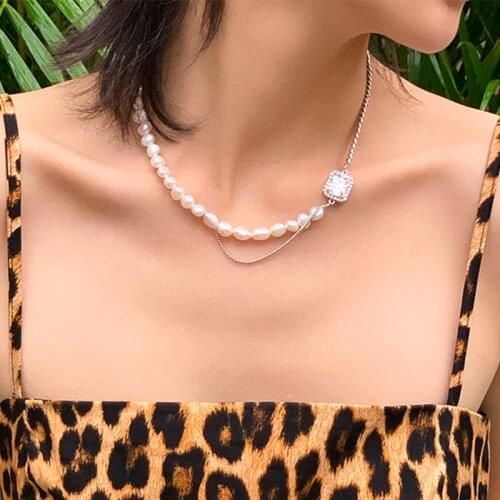 VSnow Korean Fashion Asymmetric Square Rhinestone Chokers Necklace for Women Beaded Simulation Pearl Chain Necklace Jewellery