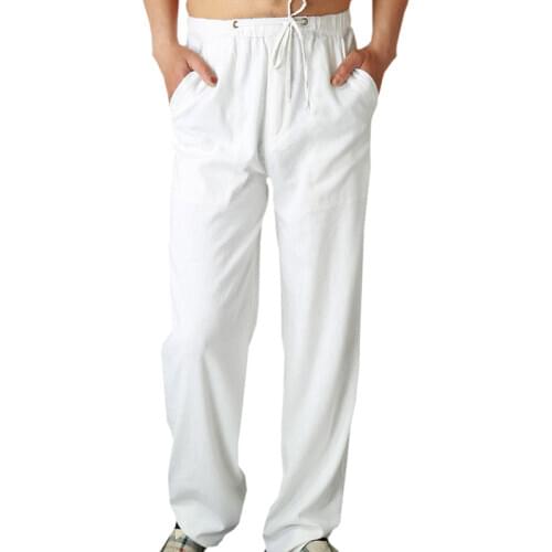 Mens Casual Pants Natural Cotton Linen Trousers White Linen Elastic Waist Straight Pants Beach Loose Trouser