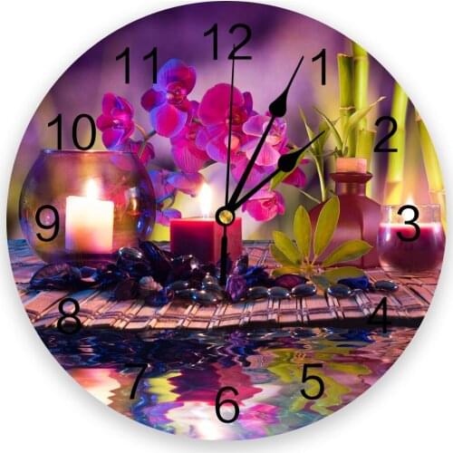 Violet Candle Orchid Bamboo Stone Creative Wall Clock For Home Office Decoration Living Room Bedroom Kids Room Hanging Watch