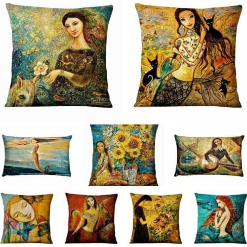 Mermaid Girls Painting Print Pillowcase Vintage Oil Paintingcushion Decorative Pillows Home Pillow Decoration Sofa Throw Pillows