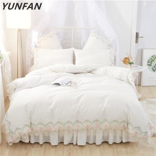 White lace Bedding set girls women king queen twin size bed cover set korean 3/4pcs duvet cover bed skirt pillowcases bedclothes
