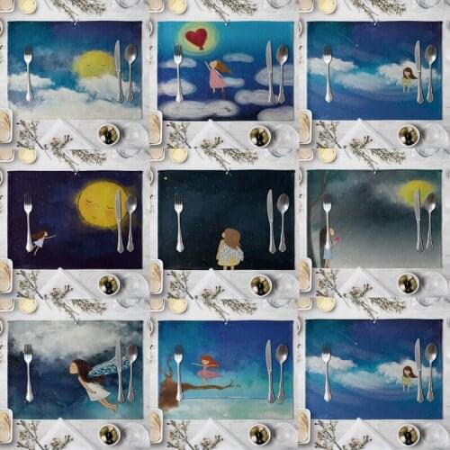 Sky Moon Girls Pattern Kitchen Placemat Coaster Dining Table Mats Cotton Linen Pad Bowl Cup Mat 42*32cm