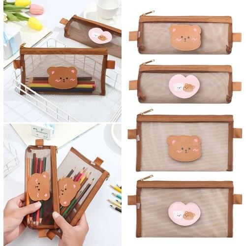Cute Kawaii Bear Brown Large Capacity Mesh Pencil Case Stationery Student Pencil Bag Pouches