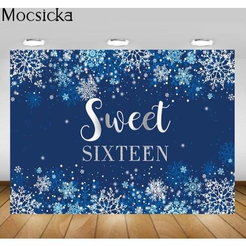 Mocsicka Sweet Sixteen Girls Birthday Party Backdrop Decoration Winter Snow Snowflake Photo Background for Photo Shoot Photozone