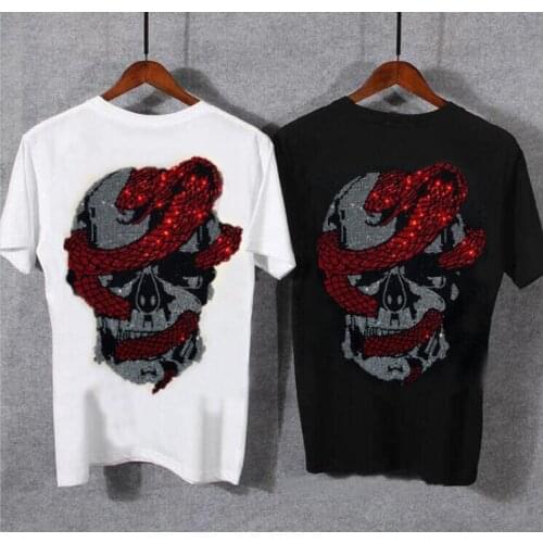 Hot drill Skull t-shirt Mens short Sleeve Standard-fit Comfortable Casual Rhinestone tShirts