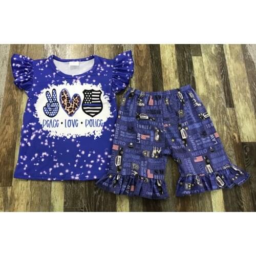 Popular Kids summer Clothing Baby girl peace and love leopard print blue flare top police with floral lace shorts set