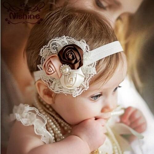 Nishine Newborn Girls Rose Flower Hair Accessories Elastic Hair Band Lace Flower Pearl Kids Headband Headwear Photo Props